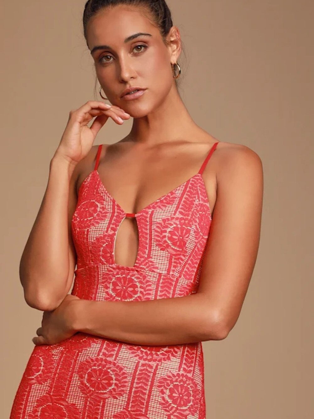 Lulus Avianna Red and Nude Lace Bodycon Mini Strap Dress Size Medium Sexy EUC - Picture 4 of 16